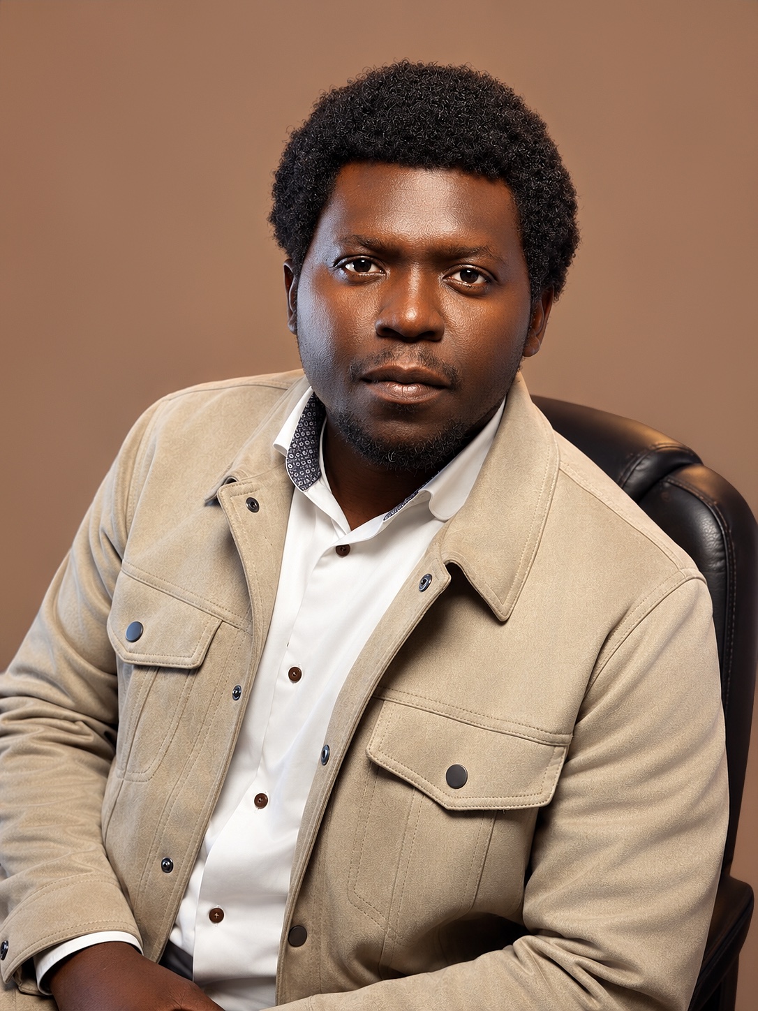 Niyi Yaroglah in a cream jacket